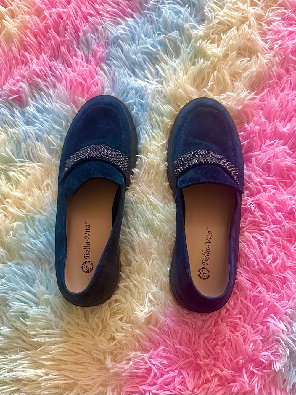 Bella Vita Women’s Blue Suede Slip-On Loafer Flat Round Toe Beaded 9.5